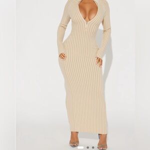 Fashion Nova Beige Ribbed Long Sleeve Maxi Dress with Zip